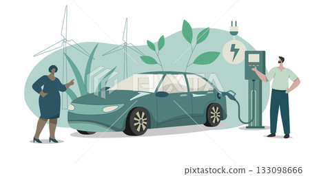 Eco friendly sustainable, Electric car charging station, Clean green energy from renewable sources concept. Vector design illustration. 133098666