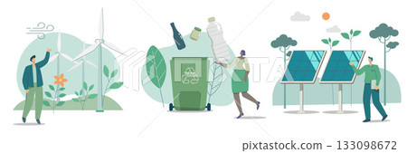 Set of Eco friendly sustainable, Wind turbine generates electricity conserves nature, Waste recycling project, Modern ecology solar panels, Clean green energy sources concept, Vector illustration. Set of Eco friendly sustainable, Wind turbine generates electricity conserves nature, Waste recycling project, Modern ecology solar panels, Clean green energy sources concept, Vector illustration. 133098672