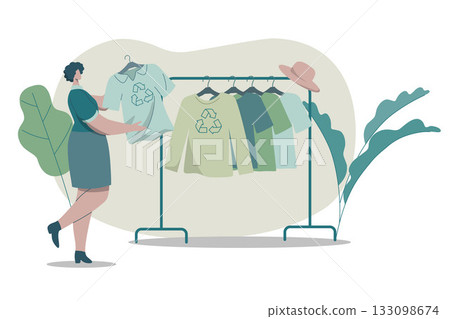 Eco friendly clothing sustainable, Woman buying recycling textile, Recycle and environmental care concept on fashion. Vector design illustration. Eco friendly clothing sustainable, Woman buying recycling textile, Recycle and environmental care concept on fashion. Vector design illustration. 133098674