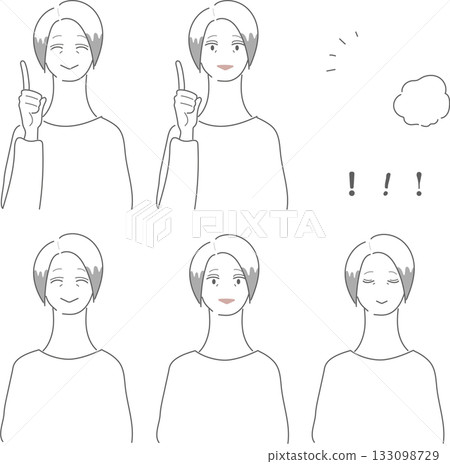 一組描繪不同臉部表情的老年女性的插畫素材 133098729