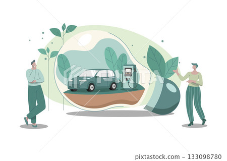 Sustainable natural energy Electric car charging station in a light bulb, Alternative power supply, Clean green power from renewable sources concept. Vector design illustration. Sustainable natural energy Electric car charging station in a light bulb, Alternative power supply, Clean green power from renewable sources concept. Vector design illustration. 133098780