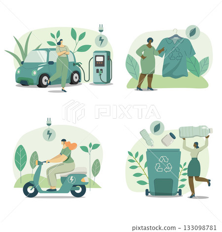 Set of Eco friendly sustainable, Electric car charging station, Women use fabrics made from natural cotton, Woman riding electric motorcycles, Waste recycling project, Vector design illustration. Set of Eco friendly sustainable, Electric car charging station, Women use fabrics made from natural cotton, Woman riding electric motorcycles, Waste recycling project, Vector design illustration. 133098781