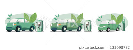 Set of Eco friendly sustainable, Electric pickup charging station, Clean green energy from renewable sources concept. Vector design illustration. Set of Eco friendly sustainable, Electric pickup charging station, Clean green energy from renewable sources concept. Vector design illustration. 133098782