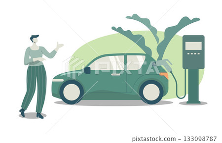 Eco friendly sustainable, Electric car charging station, Clean green energy from renewable sources concept. Vector design illustration. Eco friendly sustainable, Electric car charging station, Clean green energy from renewable sources concept. Vector design illustration. 133098787
