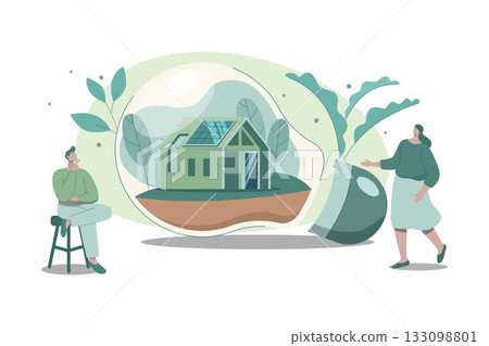 Sustainable natural energy smart home in a light bulb, Alternative power supply, Clean green power from renewable sources concept. Vector design illustration. Sustainable natural energy smart home in a light bulb, Alternative power supply, Clean green power from renewable sources concept. Vector design illustration. 133098801