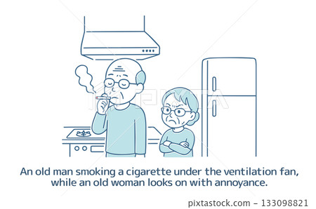 An old man smoking a cigarette under the ventilation fan, while an old woman looks on impatiently. An old man smoking a cigarette under the ventilation fan, while an old woman looks on impatiently. 133098821