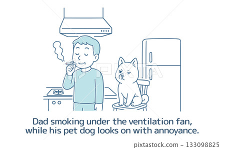 Dad smoking under the ventilation fan, while his pet dog looks on in annoyance. Dad smoking under the ventilation fan, while his pet dog looks on in annoyance. 133098825