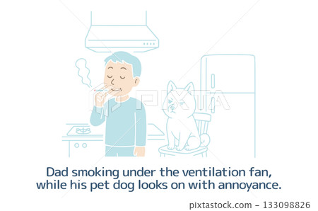 Dad smoking under the ventilation fan, while his pet dog looks on in annoyance. 133098826