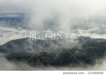 Landscape of Morning Mist with Mountain Layer. mountain ridge and clouds in rural jungle bush forestLandscape of Morning Mist with Mountain Layer. mountain ridge and clouds in rural jungle bush forest 133099006
