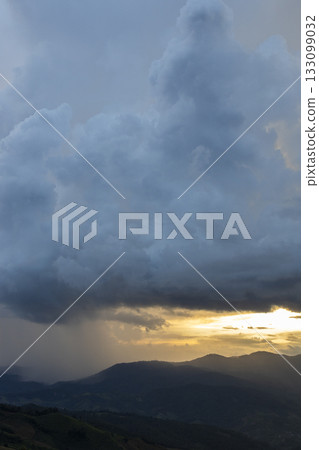 Landscape of Morning Mist with Mountain Layer at north of chiang rai Thailand. mountain ridge and clouds in rural jungle bush forest 133099032