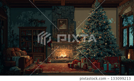 A room with a fireplace and a large Christmas tree A room with a fireplace and a large Christmas tree 133099213