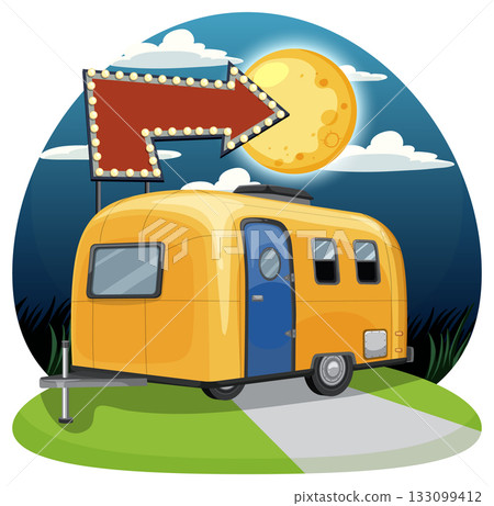 Yellow Camper Trailer at Night with Arrow Sign 133099412