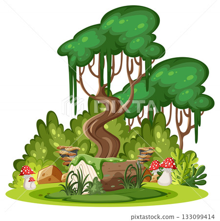 Twisted Tree and Mushrooms in Lush Forest Vector Scene 133099414