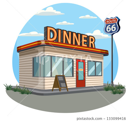 Classic Route 66 Diner Exterior with Neon Sign Classic Route 66 Diner Exterior with Neon Sign 133099416