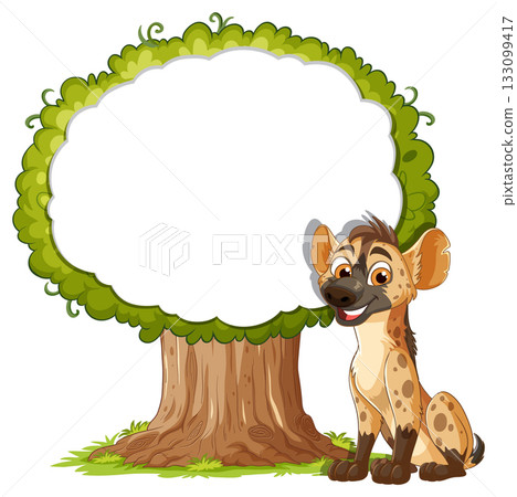 Cartoon Hyena Sitting Beside Tree With Blank Sign 133099417