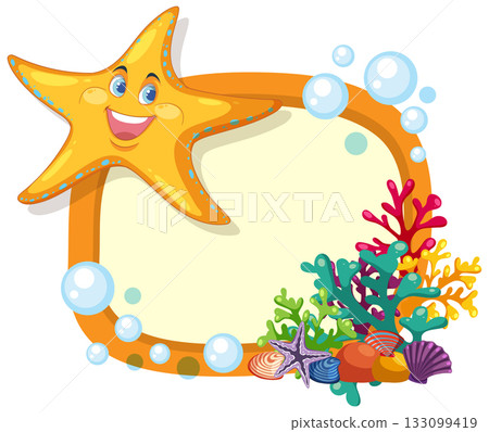 Smiling Starfish with Coral Frame and Bubbles Underwater Smiling Starfish with Coral Frame and Bubbles Underwater 133099419