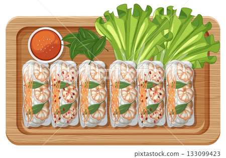 Fresh Shrimp Spring Rolls on Wooden Serving Tray 133099423