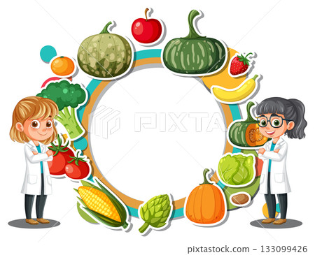 Scientists with Fruits and Vegetables Circular Frame Illustration Scientists with Fruits and Vegetables Circular Frame Illustration 133099426