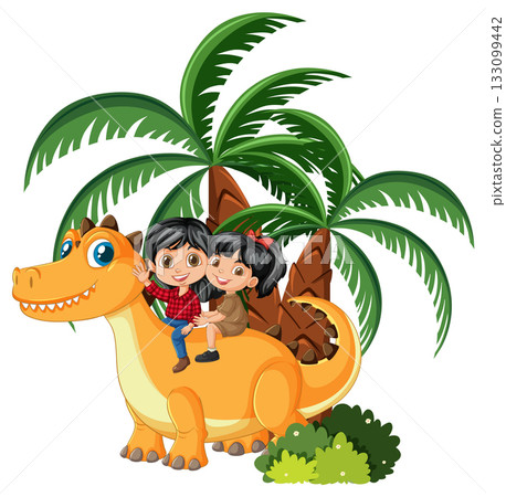 Children Riding Cartoon Dinosaur in Tropical Jungle Children Riding Cartoon Dinosaur in Tropical Jungle 133099442