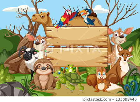 Cartoon Forest Animals Gathered Around Wooden Signboard Cartoon Forest Animals Gathered Around Wooden Signboard 133099446