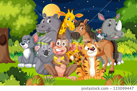 Group of Cartoon Jungle Animals Under Night Sky Group of Cartoon Jungle Animals Under Night Sky 133099447