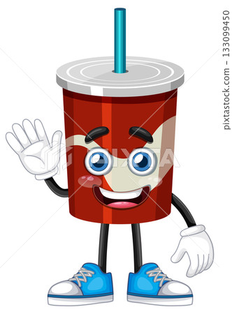Smiling Cartoon Soda Cup Waving with Blue Sneakers Smiling Cartoon Soda Cup Waving with Blue Sneakers 133099450