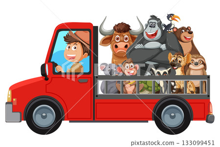 Zookeeper Driving Red Truck With Diverse Wild Animals Zookeeper Driving Red Truck With Diverse Wild Animals 133099451