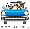 Two Lemurs Driving Blue Convertible Car Front View 133099455