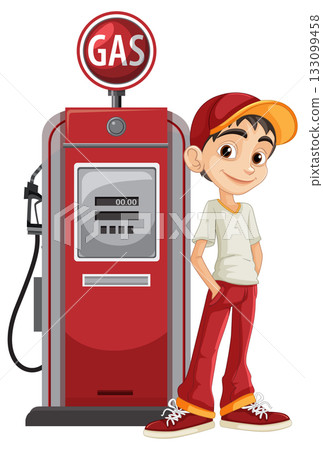 Smiling Boy Standing Beside Red Gas Pump Illustration 133099458