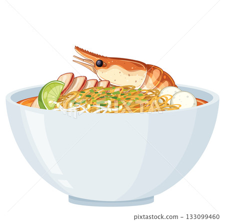 Shrimp Noodle Soup in White Ceramic Bowl 133099460