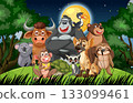 Group of Cartoon Jungle Animals Under Full Moon at Night 133099461