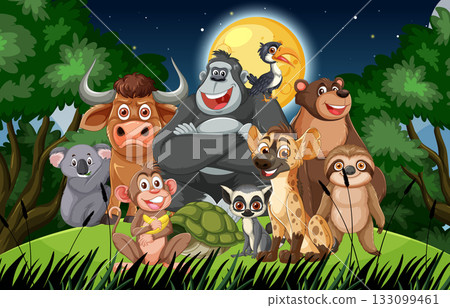 Group of Cartoon Jungle Animals Under Full Moon at Night Group of Cartoon Jungle Animals Under Full Moon at Night 133099461