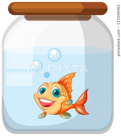 Smiling Cartoon Goldfish in Glass Fishbowl 133099462