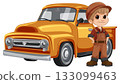Young Boy Standing Proudly Beside Vintage Orange Pickup Truck 133099463