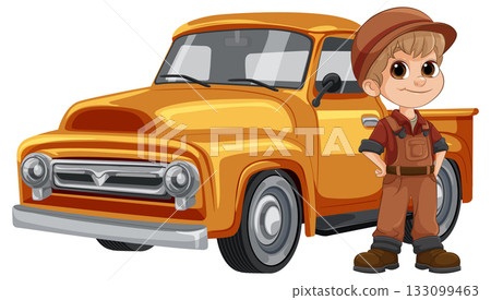 Young Boy Standing Proudly Beside Vintage Orange Pickup Truck Young Boy Standing Proudly Beside Vintage Orange Pickup Truck 133099463