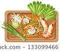 Shrimp Pad Thai Noodles on Wooden Serving Tray Illustration 133099466