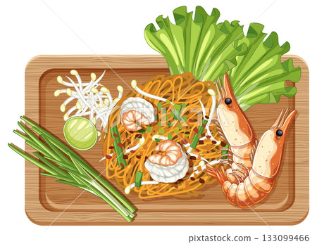 Shrimp Pad Thai Noodles on Wooden Serving Tray Illustration 133099466