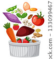 Assorted Healthy Foods Floating Above White Bowl Illustration 133099467