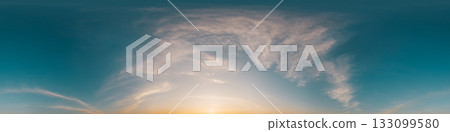 360 panorama of glowing sunset sky with bright Cirrus clouds. HDR 360 seamless spherical panorama. Full zenith or sky dome sky replacement for aerial drone panoramas. Climate and weather change. 360 panorama of glowing sunset sky with bright Cirrus clouds. HDR 360 seamless spherical panorama. Full zenith or sky dome sky replacement for aerial drone panoramas. Climate and weather change. 133099580