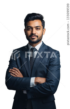 A South Asian male CEO standing in front of a misty gradient, arms crossed and posture commanding, symbolizing clarity from 133099599