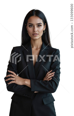 A Latina businesswoman standing in a bright, high-end office space, with a focused and confident expression. Her strong posture conveys 133099600