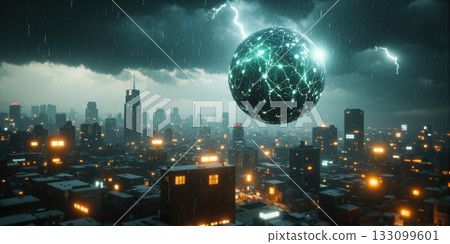 Predictive Storm Core Floating orb manipulates weather patterns. Lightning branches follow profit probability paths. Rain droplets display stock tickers. Tornadoes 133099601