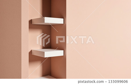 Floating Shelf Nook - Slight upward angle of white floating shelves in corner studio, each shelf empty, indirect cove lighting 133099606