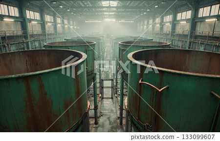 Vacant Vat Valley - Giant mixing vats stand open and dry, wide shot from catwalk above, ambient glow from safety 133099607