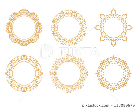 Set of decorative frames Elegant vector element for design in Eastern style, place for text. Floral golden and white borders. Lace illustration for invitations and greeting cards 133099679