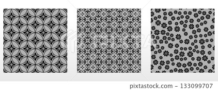 Geometric floral set of seamless patterns. Gray and black vector backgrounds. Damask graphic ornaments 133099707