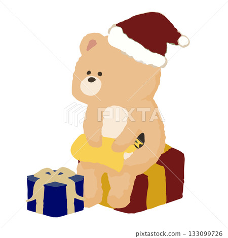 一隻熊在冬日音樂會上演奏中音薩克斯風 | 一頂溫馨的聖誕帽插圖 133099726