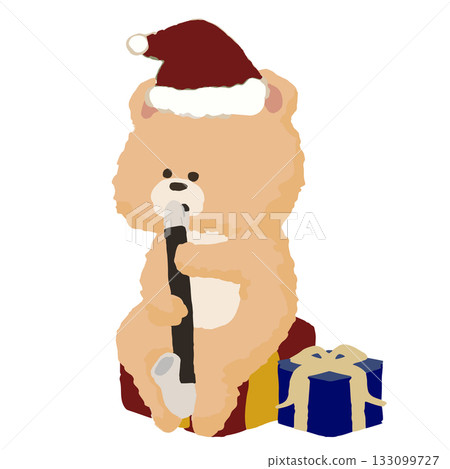 一隻熊在冬季音樂會上演奏低音單簧管 | 戴著聖誕帽的銅管樂隊可愛插圖 133099727