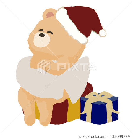 A bear playing the euphonium at a winter concert | Heartwarming animal illustration in a Santa hat 133099729