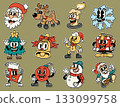 Retro Rubber Hose Christmas Characters Collection  Cute Vintage Holiday Stickers Set 133099758